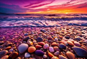 Obraz premium vibrant coastal sunset dynamic wave patterns reflecting colorful sky, beach, ocean, waves, horizon, reflection, light, scenery, nature, tropical, seascape
