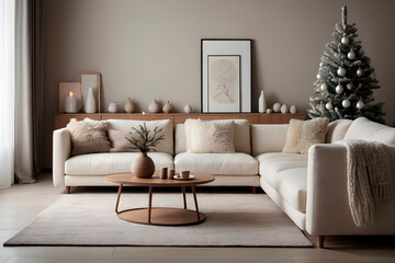 Modern interior of cosy living room with sofa in white and creamy colors. AI generated.