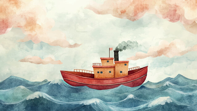 Little Steamboat Floating On Waves Watercolor Illustration For Childrens Book Adorable Steamboat Character Playful Water Scene Colorful Waves Whimsical Kids Storybook Charming