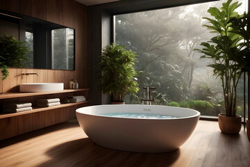 Fototapeta premium Modern bathroom interior with wooden decor in eco style. AI generated.