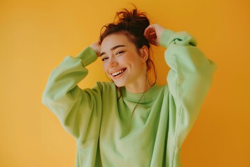 A woman is sitting on a couch and smiling, generative ai image