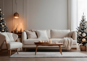 New year tree and christmas decoration in cosy light living room with sofa in white and creamy colors. AI generated.