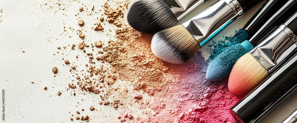 Wall mural makeup brushes with colorful powder on a white background.