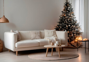 New year tree and christmas decoration in cosy light living room with sofa. AI generated.	