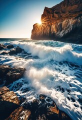 Fototapeta premium dramatic scene powerful sea waves crashing rugged coastal cliffs under clear sky, beach, coastline, ocean, rocky, shoreline, water, foam, splash, blue