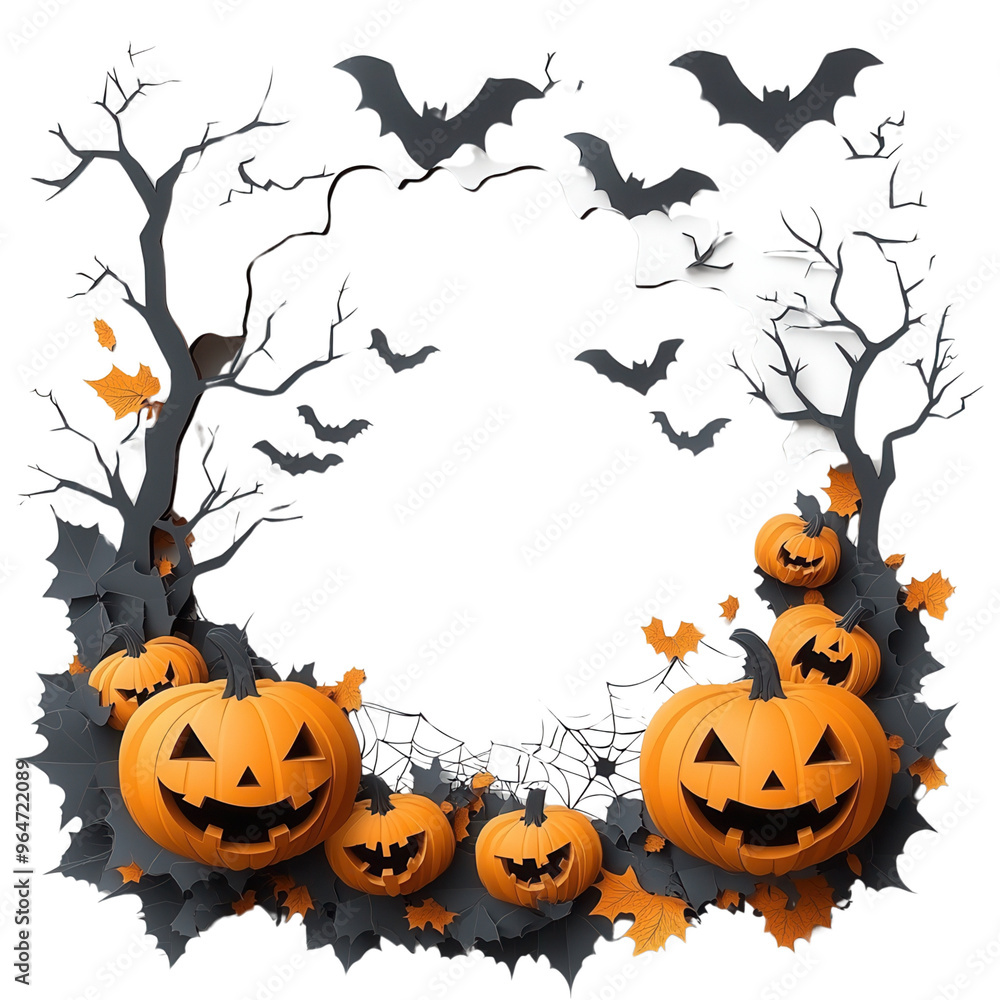 Wall mural spooky halloween themed frame with carved pumpkins, bats, and eerie trees perfect for seasonal desig