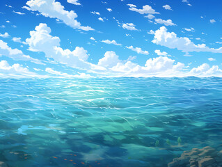 Obraz premium A serene image of clear, calm ocean waters extending under a bright blue sky, evoking a sense of peace and tranquility with a backdrop of fluffy white clouds.