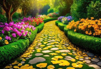 Obraz premium vibrant garden paths adorned colorful blooms lush greenery creating picturesque landscape, flower, plants, nature, petal, leaf, scene, horticulture