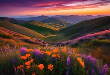 Fototapeta premium vibrant landscape showcasing breathtaking sunset colors over rolling hills lush greenery, sky, clouds, orange, pink, blue, scenery, nature, view, light