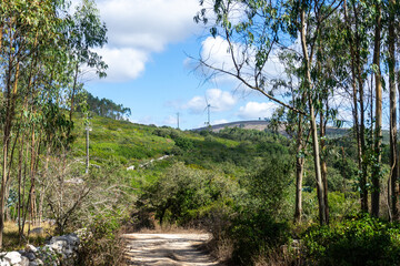 Fototapeta premium Wind turbines at the Candeeiros Norte Wind Farm in Portugal, set against a backdrop of rolling hills and a clear sky, harnessing renewable energy amidst natural landscapes.