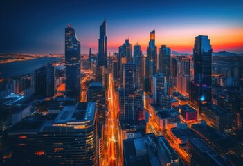 vibrant city skylines featuring distinctive architecture illuminated dusk colorful lights dynamic shadows, buildings, urban, horizon, night, scenery