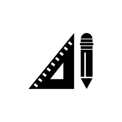 Black vector icon featuring a ruler and pencil, symbolizing design and drafting.