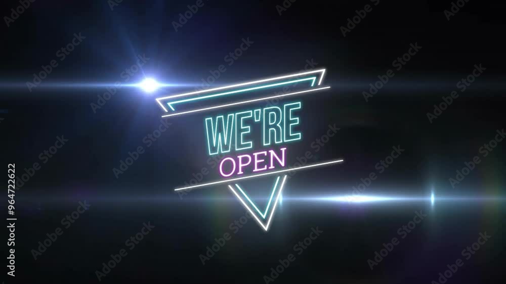 Poster animation of neon we're open text over glowing spots