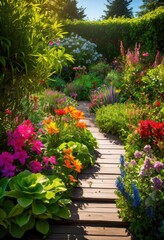 vibrant garden beds showcasing diverse plant arrangements colorful lush varied textures lively outdoor setting, plants, flowers, foliage, colors, greenery