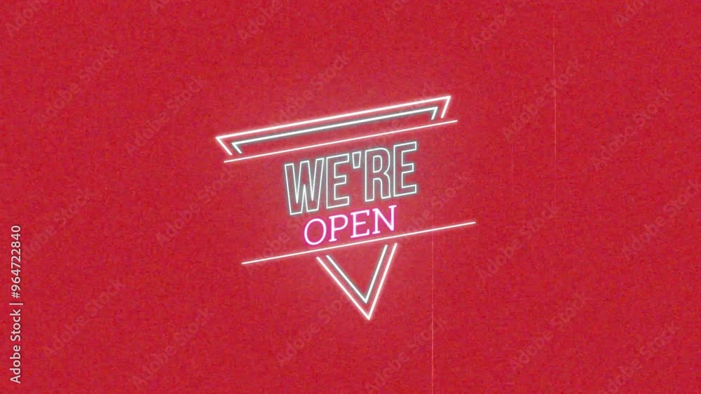 Aufkleber animation of neon we're open text over moving spots on red background