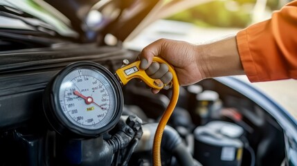 Obraz premium Measuring Tire Pressure with Gauge