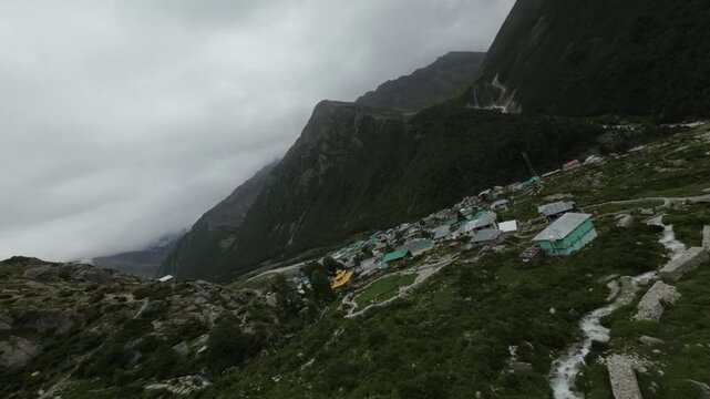 FPV Shot of last village of India Chitkul, Indo Tibet Border. Village arial shot and mountains view