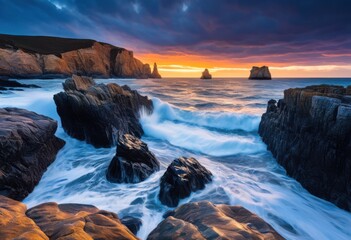 Obraz premium breathtaking vibrant coastal cliffs crashing waves dusk captured stunning natural beauty, beach, coastline, ocean, sunset, horizon, sky, rock, landscape