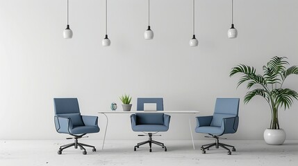 a white table with blue chairs and a potted plant