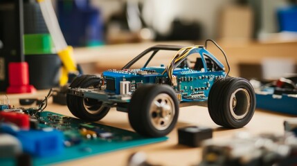 Remote-Controlled Car Model on Workbench