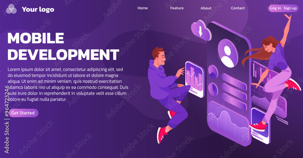Poster Mobile app. Smartphone software development landing page. Isometric phone screen. People customers create user application. Technology interface for team work. Vector website background