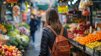 Obraz premium vibrant street scene woman exploring bustling city market candid lifestyle photography