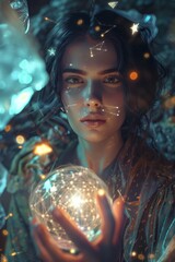 Naklejka premium In a breathtaking crystal cavern, a sorceress stands, cradling a luminous orb that radiates warmth and magic. Her gaze, intense and captivating, captures the essence of twilight