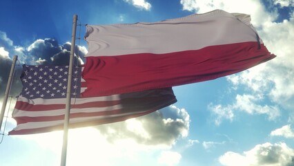 Poland and United States flag waving in deep blue sky together. 3d illustration