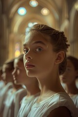 Fototapeta premium Within the grand architecture, a group of poised young voices stands in anticipation, their expressions reflecting the beauty of the upcoming performance in serene focus