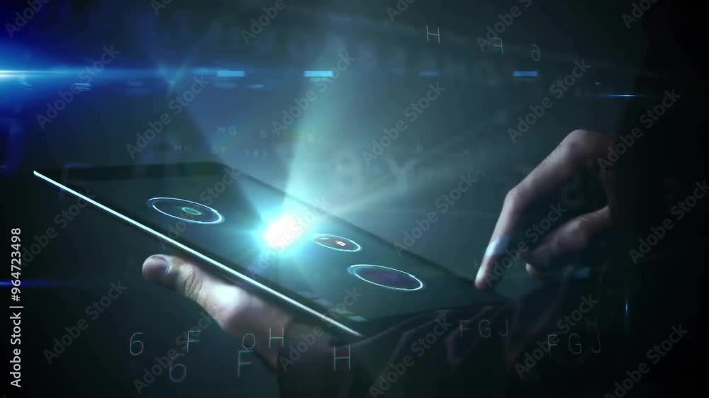 Poster animation of digital data processing over hands using tablet