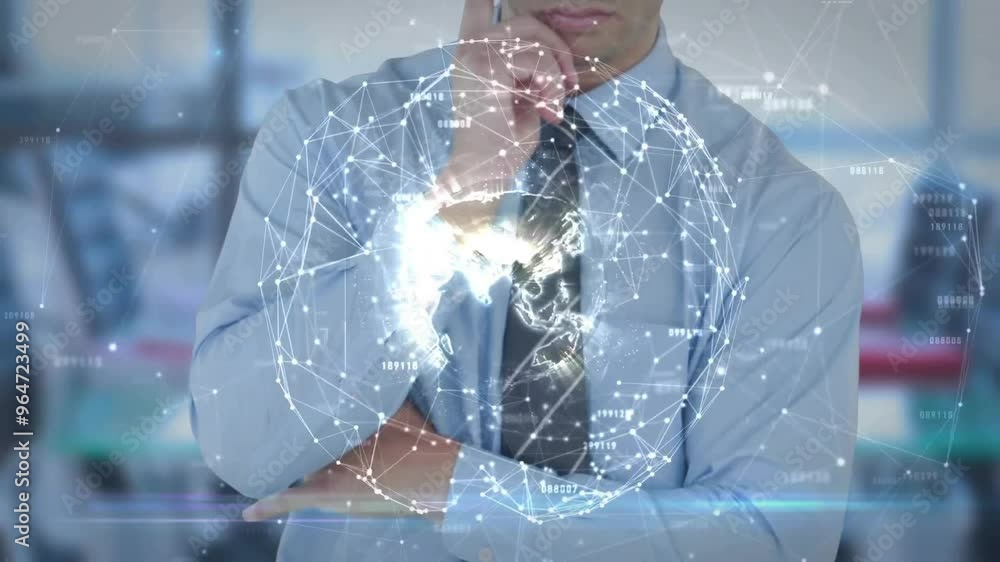 Poster animation of digital data processing over globe and caucasian businessman