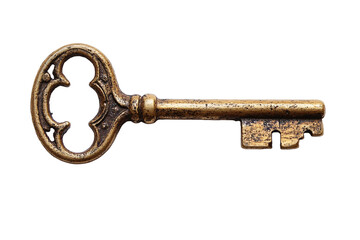 Vintage brass skeleton key with ornate design, isolated on transparent background, antique style

