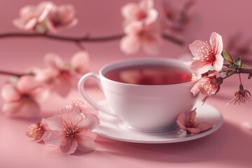 A delicate teacup filled with aromatic cherry blossom tea rests gently on a saucer, accompanied by vibrant pink blooms that enhance the serene atmosphere