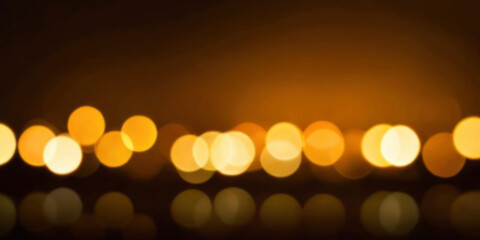 Blurred golden bokeh in warm shades with soft glow and reflection on dark background. For festive design, Christmas project, advertising, promotional content, digital art, social media post, backdrop