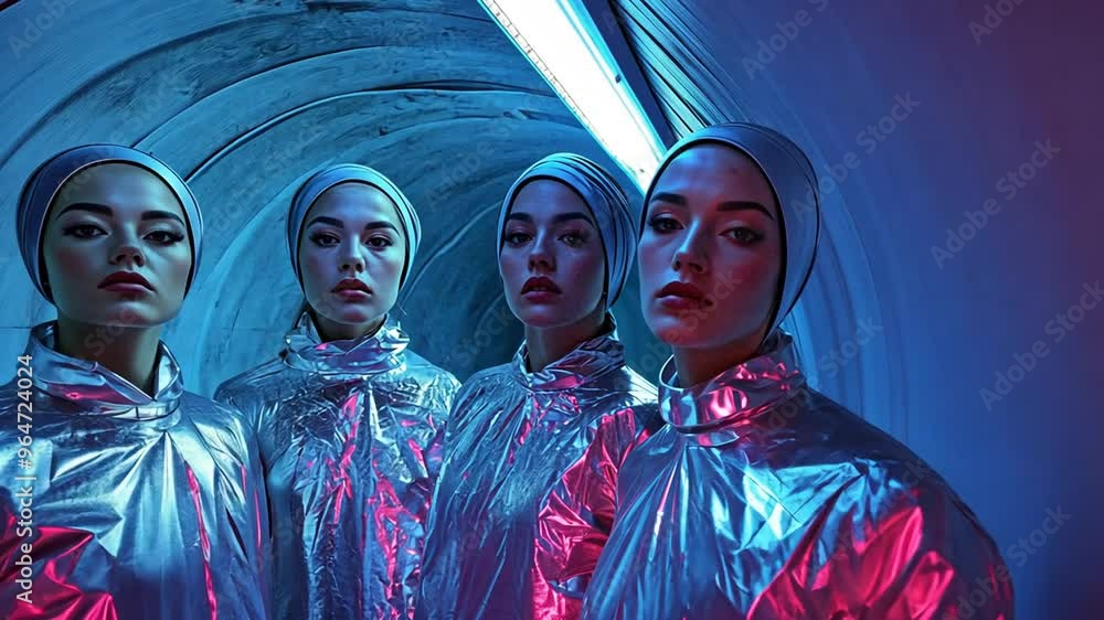 Poster futuristic models in reflective outfits posing in a neon-lit tunnel generative ai