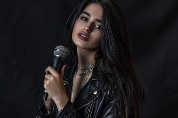 A confident young woman stands poised with a microphone in hand, her long hair cascading over her shoulders. She exudes charisma and passion, ready to captivate an audience under soft lighting