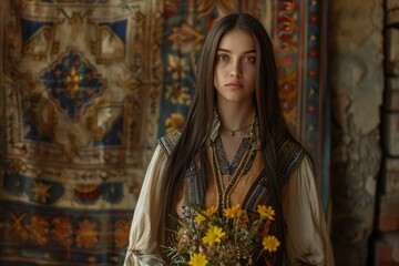Obraz premium Standing gracefully, the young woman exudes confidence as she cradles a bouquet of vibrant wildflowers. The backdrop showcases intricate textiles, adding warmth and character to the setting