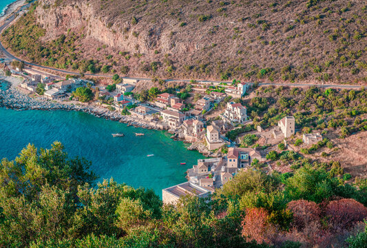 Panoramic view of Limeni from above. Limeni is a small village on the Mani peninsula in the Peloponnese of mainland Greece.