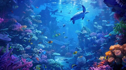 vibrant underwater scene featuring a colorful coral reef teeming with exotic fish species sea turtles gliding gracefully and intricate coral formations bathed in ethereal blue light