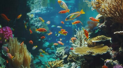 Naklejka premium vibrant underwater scene with colorful fishes swimming among coral reefs aquatic life