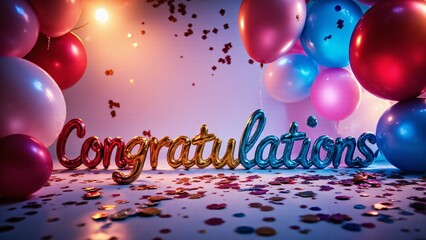 "CONGRATULATIONS" sign surrounded by colorful balloons and confetti in a festive setting