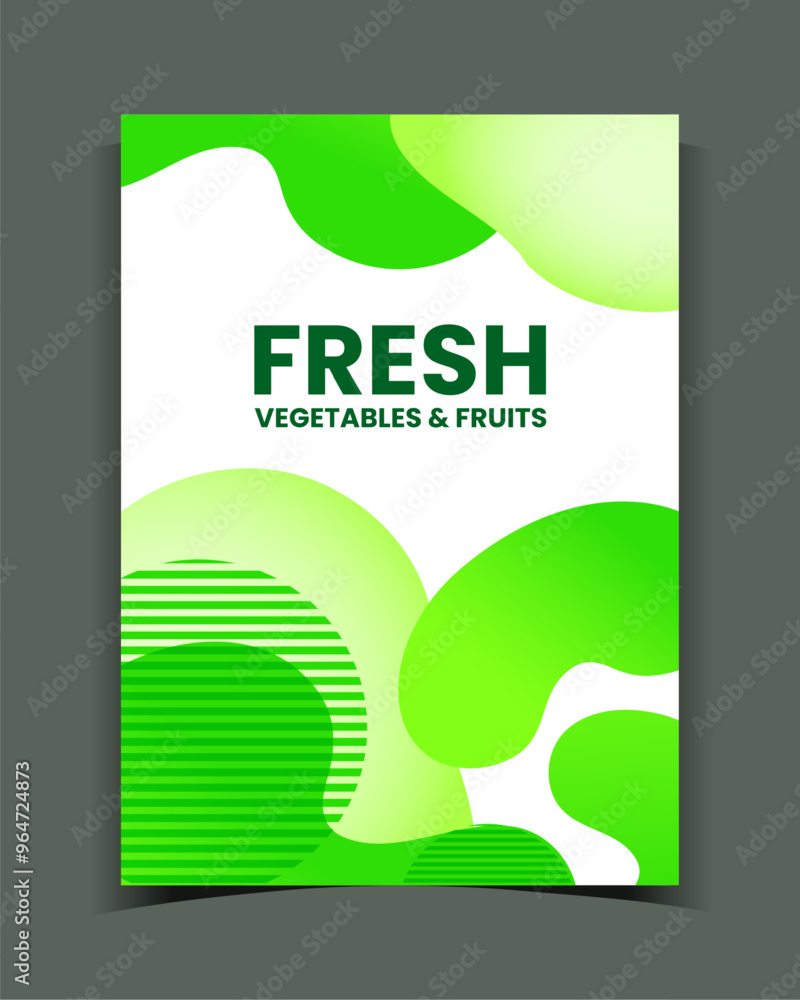 Poster fresh vegetables and fruits. bright green vertical banner, poster with organic dynamic form. abstrac