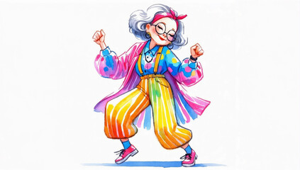 Obraz premium Watercolor illustration of an elderly woman in bright clothes dancing with her arms raised and eyes closed on a light background