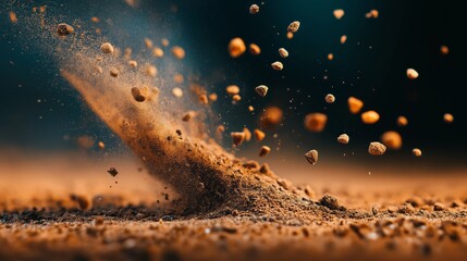 Obraz premium Dynamic close-up of soil particles explosively scattering on a dark background.