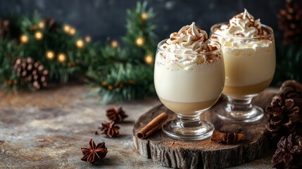 Two glasses of egg nog topped with cinnamon and whipped cream. Milk of the old man, Coquito, Creme de Vie, or Eierlikör.
