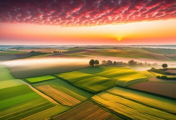 Obraz premium vibrant sunrise over expansive farmland fields showcasing lush green crops colorful skies, agriculture, landscape, nature, morning, horizon, light, scenery