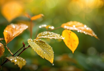 vibrant foliage adorned shimmering dew illuminated soft glow sunrise, dewdrops, leaves, morning, light, greenery, trees, plants, colors, vibrancy, scenery