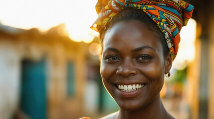 Smiling African Woman with Colorful Headwrap in Natural Light