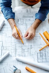 Architect reviewing blueprints on a well-lit workspace, concept of design and planning.