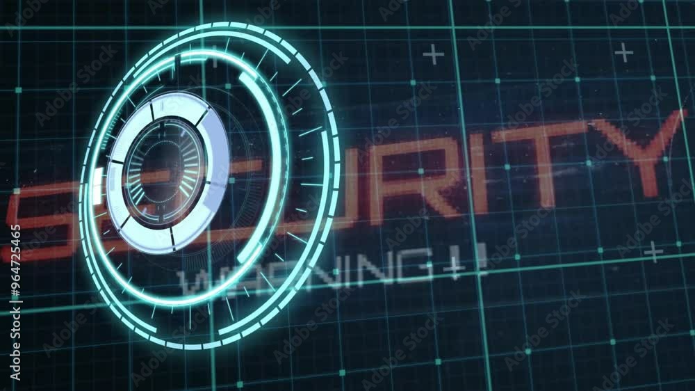 Poster animation of scope scanning, digital data processing over security warning text